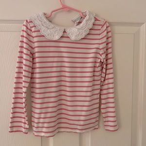 Mini Boden Broderie Collar Girls Long Sleeved Striped Tee Size 6/7